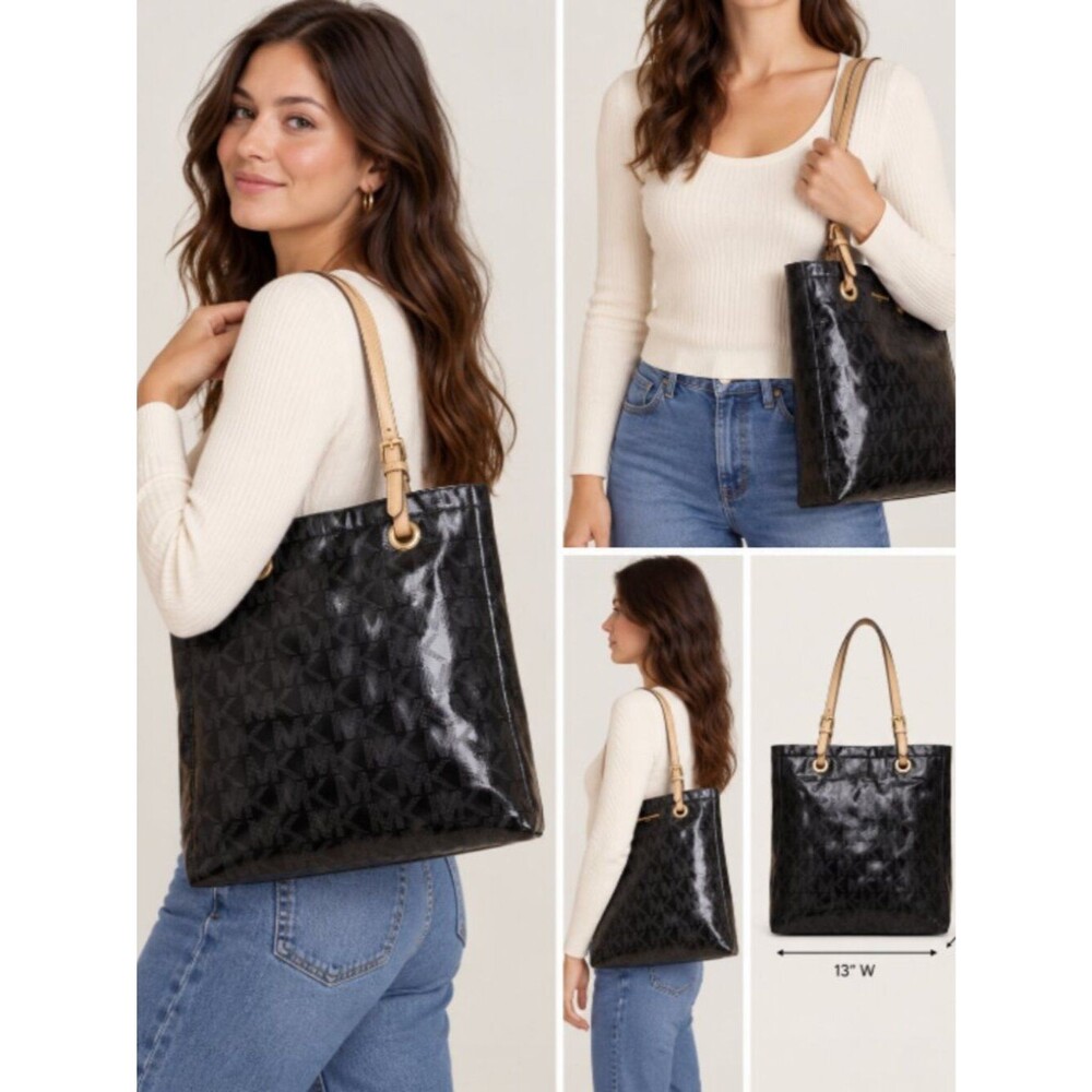 Michael Kors North South Jet Set Black Glossy Patent Leather Shoulder Tote Bag